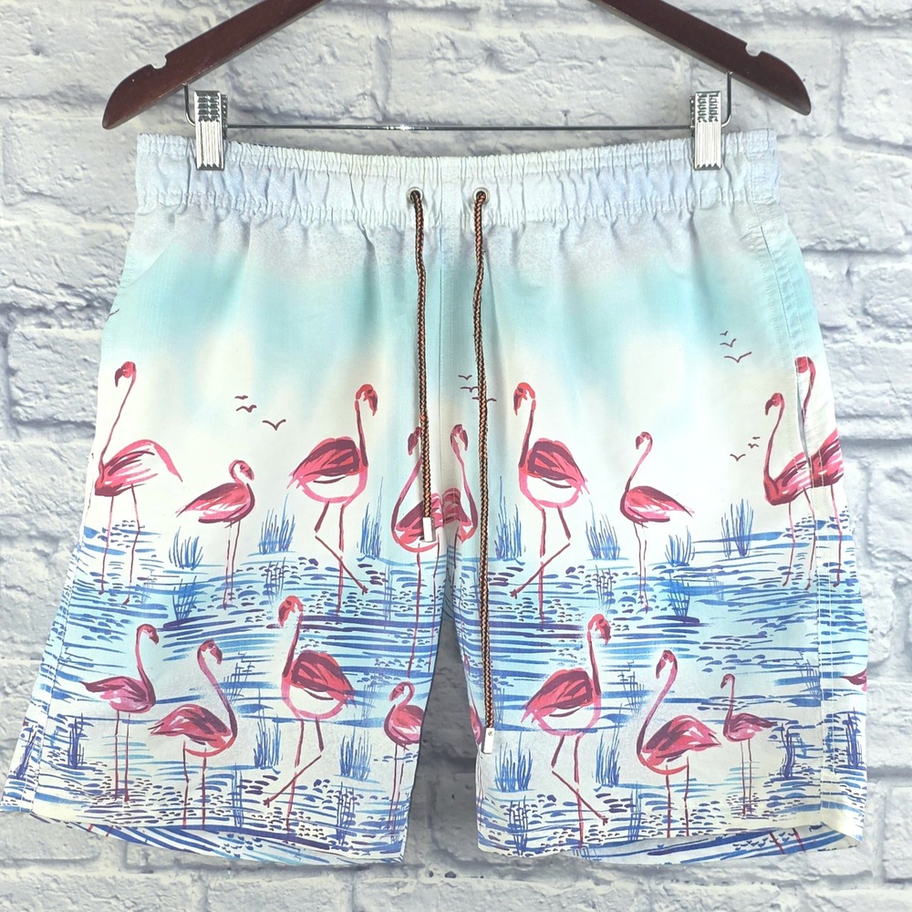 Bugatchi Uomo Mens Flamingo Print Swim Trunks Blue Pink Board Shorts Sz Large
